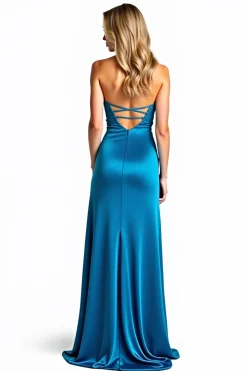 Vestido de baile de baile sem alças azul com fenda