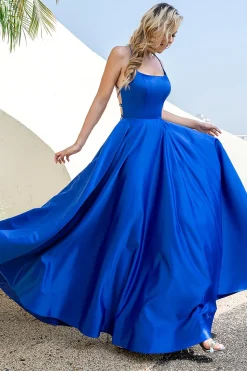 Vestido de baile de cetim azul azul real
