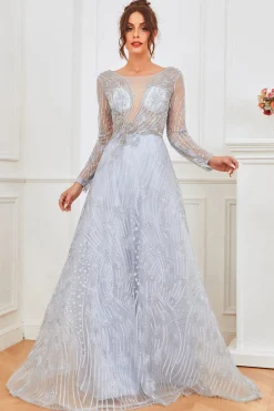 Vestido de baile de contas azul claro com mangas