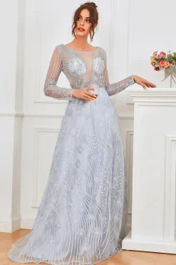 Vestido de baile de contas azul claro com mangas