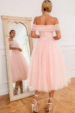 Vestido de baile de corações de ombro rosa fora do ombro
