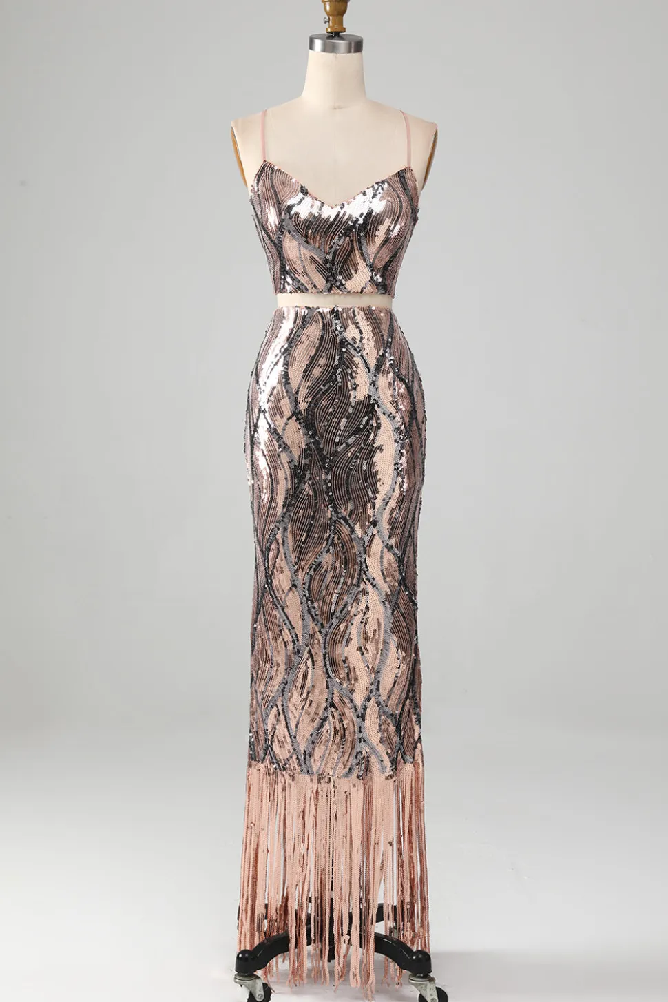 Vestido de baile de duas peças brilhante com franjas