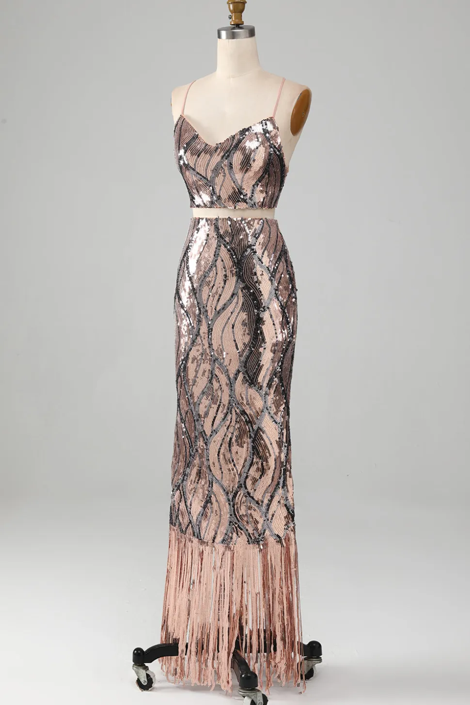 Vestido de baile de duas peças brilhante com franjas