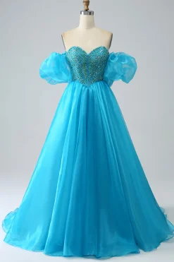 Vestido de baile de espartilho frisado azul com mangas destacáveis