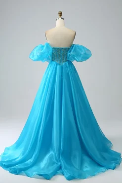 Vestido de baile de espartilho frisado azul com mangas destacáveis