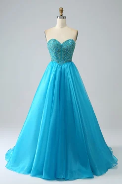 Vestido de baile de espartilho frisado azul com mangas destacáveis