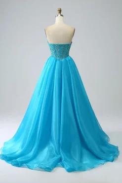 Vestido de baile de espartilho frisado azul com mangas destacáveis