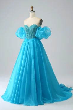 Vestido de baile de espartilho frisado azul com mangas destacáveis