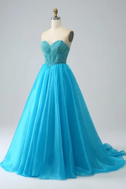 Vestido de baile de espartilho frisado azul com mangas destacáveis
