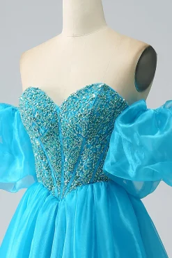 Vestido de baile de espartilho frisado azul com mangas destacáveis