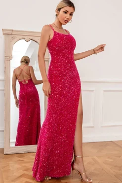 Vestido de baile de esparguete rosa quente