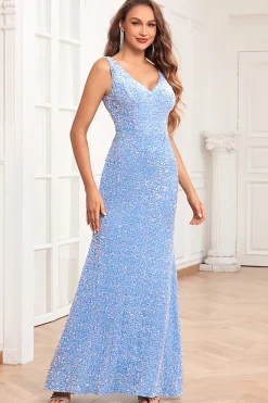 Vestido de baile de finalistas azul celeste com decote em V e lantejoulas