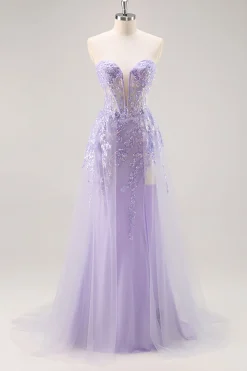 Vestido de baile de formatura de espartilho sem alças lilás com sobreposição destacável