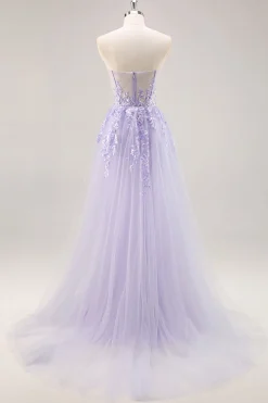 Vestido de baile de formatura de espartilho sem alças lilás com sobreposição destacável