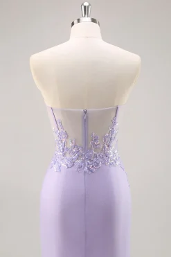 Vestido de baile de formatura de espartilho sem alças lilás com sobreposição destacável