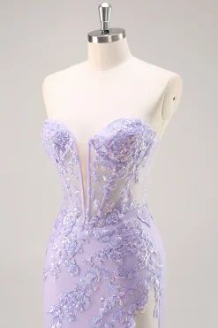 Vestido de baile de formatura de espartilho sem alças lilás com sobreposição destacável