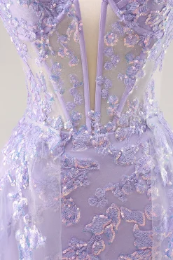 Vestido de baile de formatura de espartilho sem alças lilás com sobreposição destacável