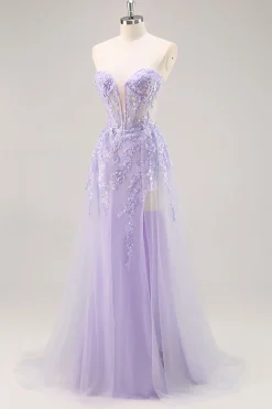Vestido de baile de formatura de espartilho sem alças lilás com sobreposição destacável