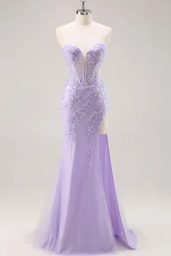 Vestido de baile de formatura de espartilho sem alças lilás com sobreposição destacável