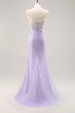 Vestido de baile de formatura de espartilho sem alças lilás com sobreposição destacável