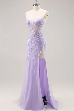 Vestido de baile de formatura de espartilho sem alças lilás com sobreposição destacável