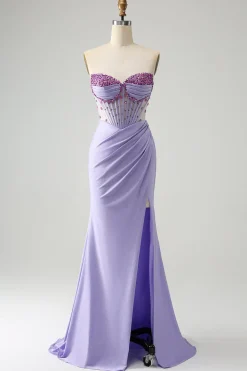 Vestido de baile de formatura de espartilho roxo roxo sem alças com fenda