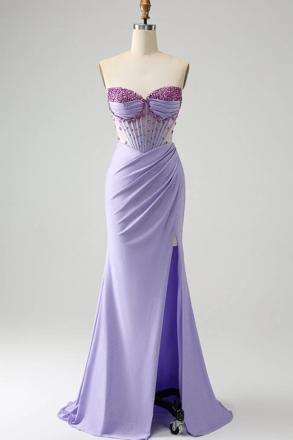 Vestido de baile de formatura de espartilho roxo roxo sem alças com fenda