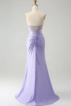 Vestido de baile de formatura de espartilho roxo roxo sem alças com fenda