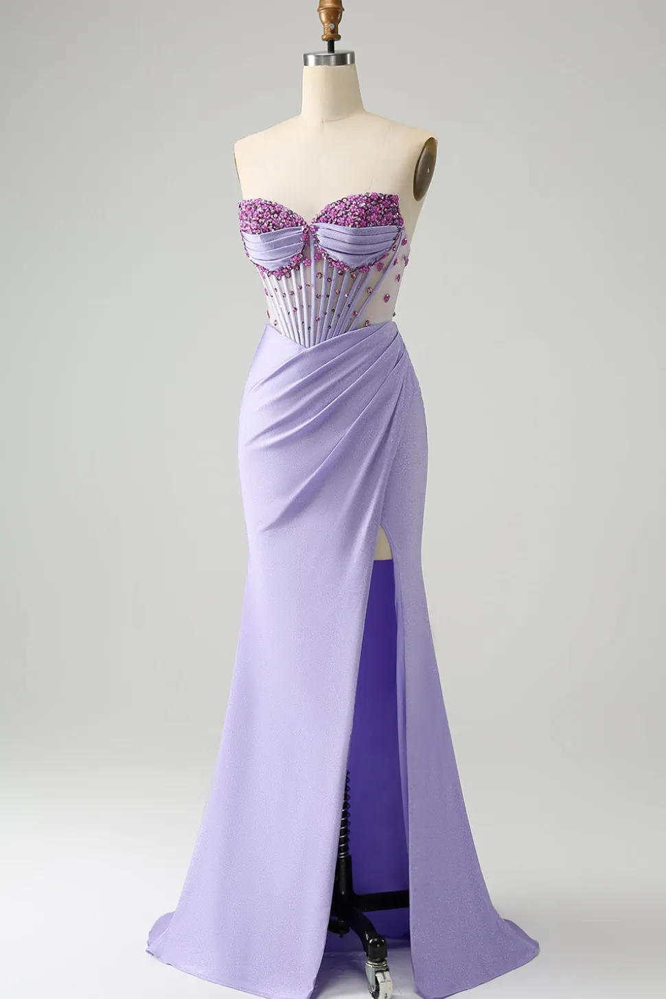 Vestido de baile de formatura de espartilho roxo roxo sem alças com fenda