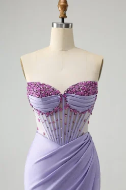 Vestido de baile de formatura de espartilho roxo roxo sem alças com fenda
