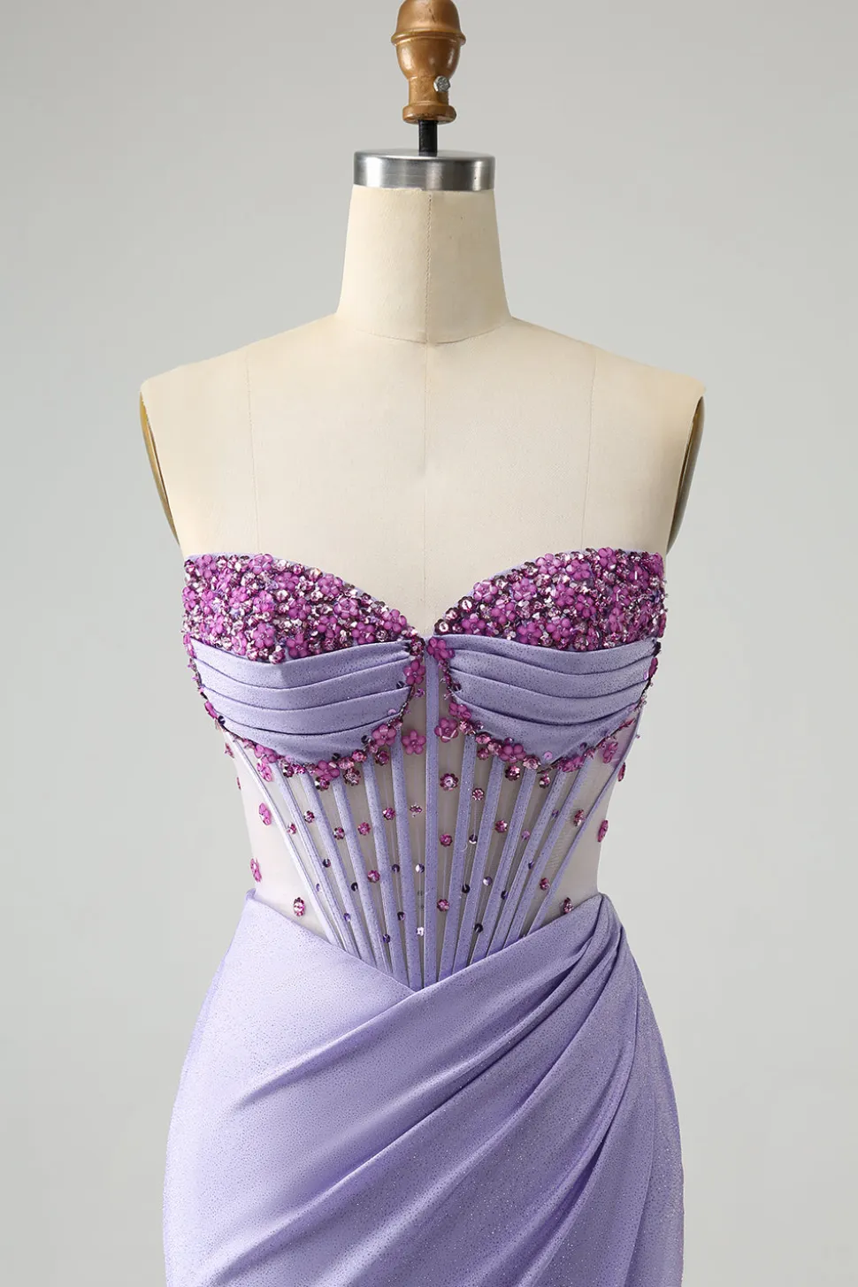 Vestido de baile de formatura de espartilho roxo roxo sem alças com fenda