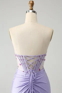 Vestido de baile de formatura de espartilho roxo roxo sem alças com fenda