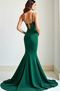 Vestido de baile de formatura de renda verde escuro sereia com fenda