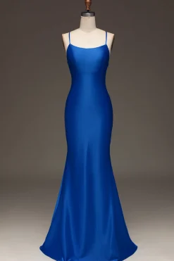 Vestido de baile de formatura de cetim azul real simples sereia longo