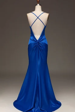 Vestido de baile de formatura de cetim azul real simples sereia longo