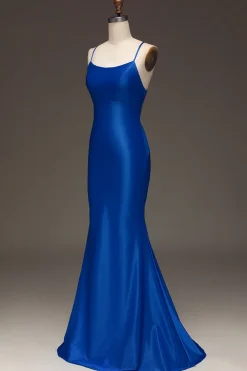 Vestido de baile de formatura de cetim azul real simples sereia longo