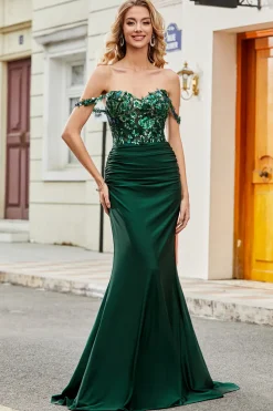 Vestido de baile de formatura de sereia verde escuro com folhos