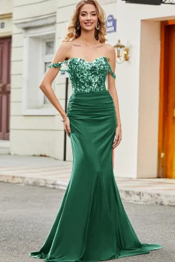Vestido de baile de formatura de sereia verde escuro com folhos