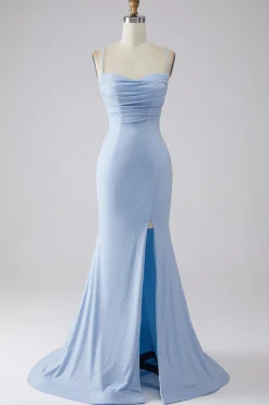 Vestido de baile de formatura de sereia azul claro brilhante com fenda