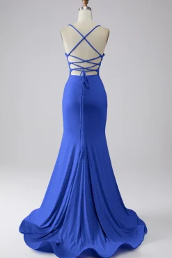 Vestido de baile de formatura de sereia azul claro brilhante com fenda