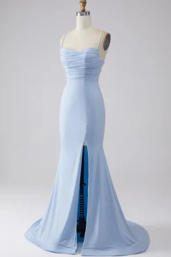 Vestido de baile de formatura de sereia azul claro brilhante com fenda