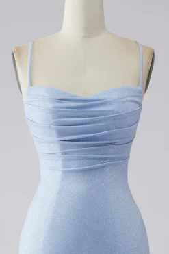 Vestido de baile de formatura de sereia azul claro brilhante com fenda
