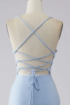 Vestido de baile de formatura de sereia azul claro brilhante com fenda