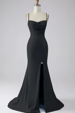 Vestido de baile de formatura de sereia azul claro brilhante com fenda