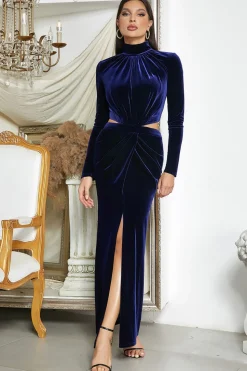 Vestido de baile de formatura de sereia azul escuro com fenda
