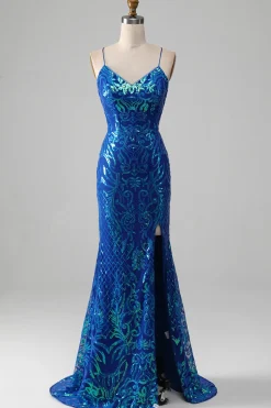 Vestido de baile de formatura azul real sereia brilhante com fenda