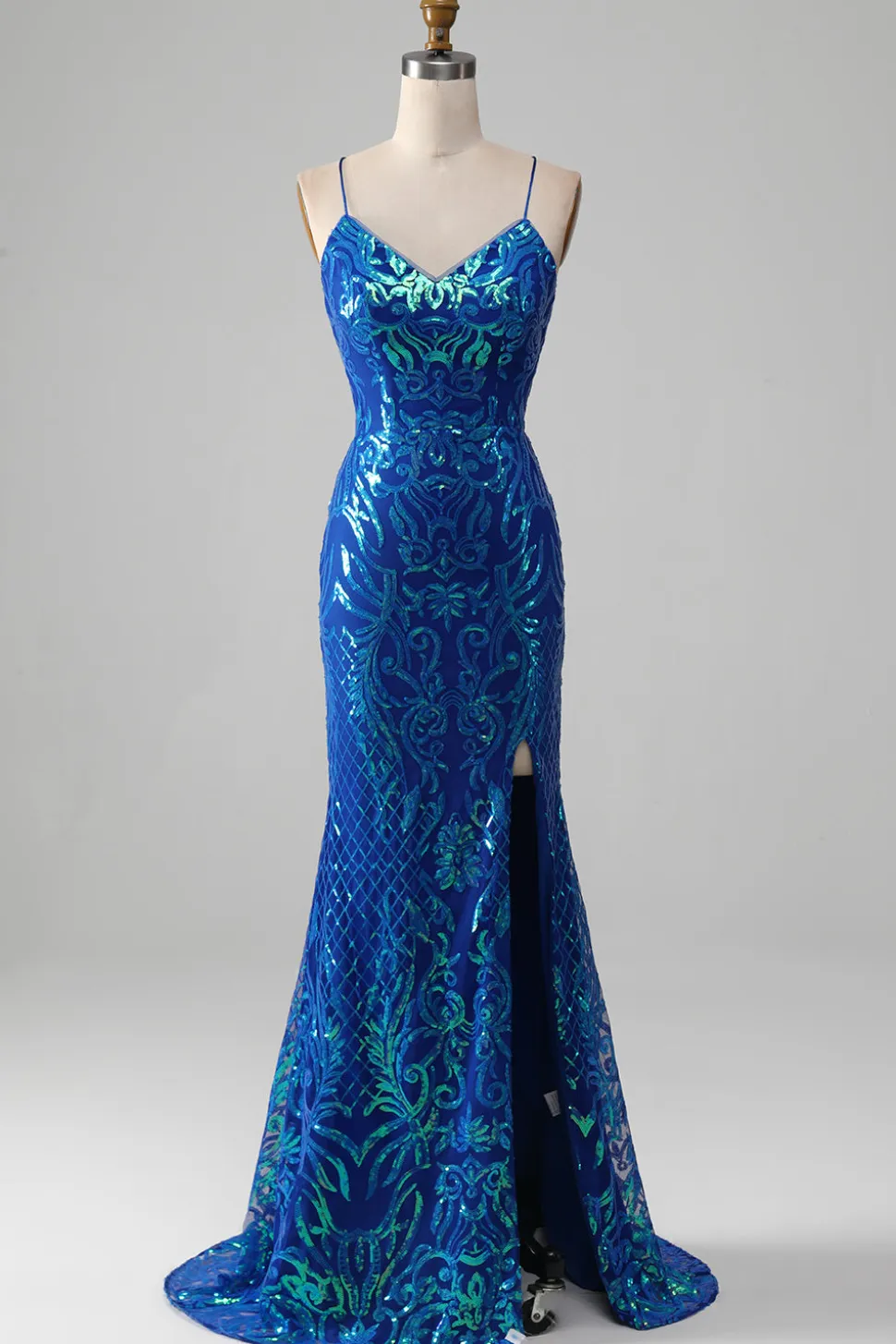 Vestido de baile de formatura azul real sereia brilhante com fenda