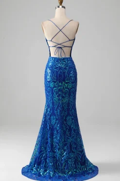 Vestido de baile de formatura azul real sereia brilhante com fenda