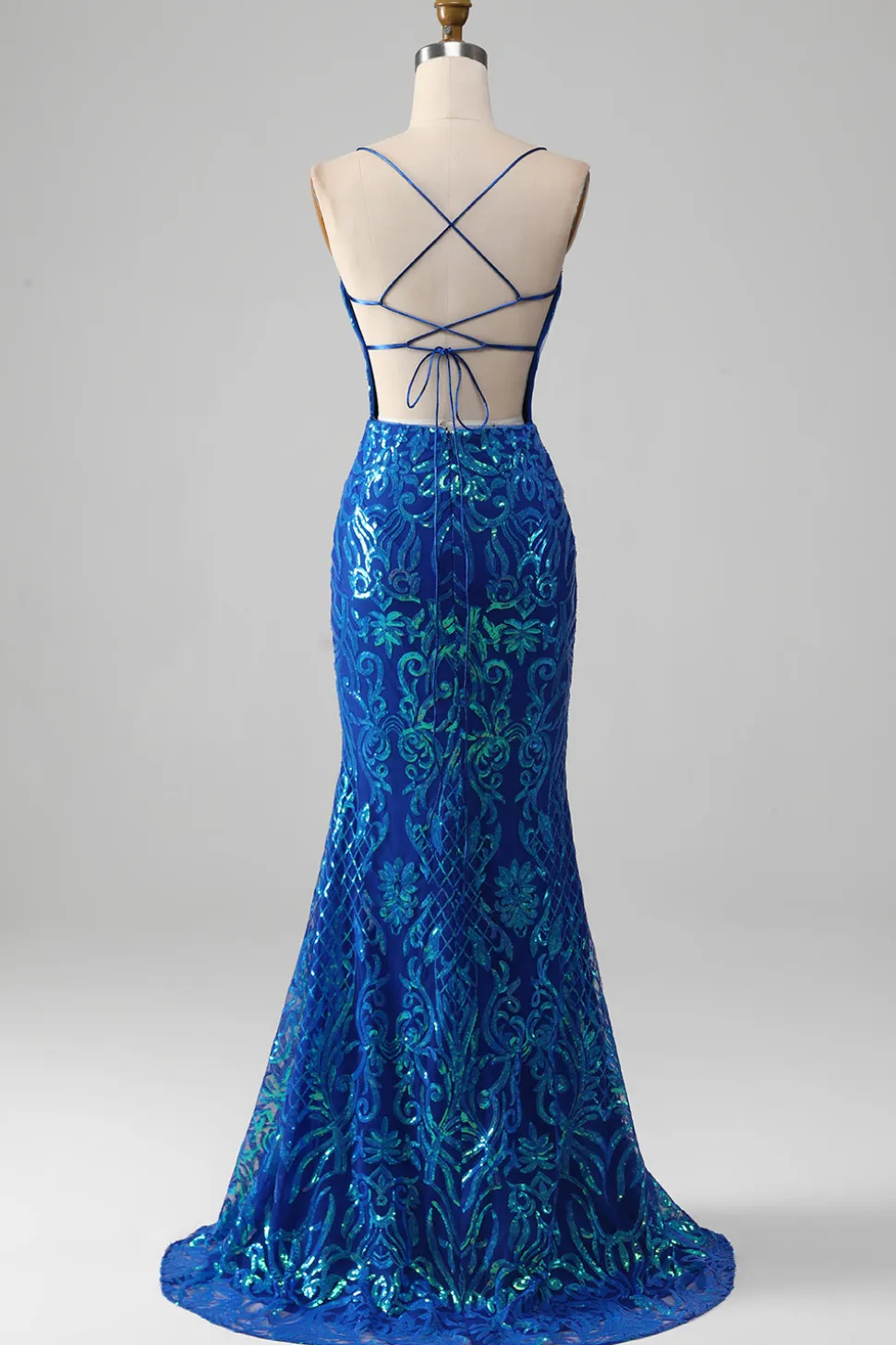 Vestido de baile de formatura azul real sereia brilhante com fenda