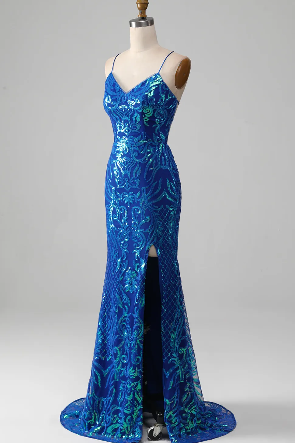 Vestido de baile de formatura azul real sereia brilhante com fenda